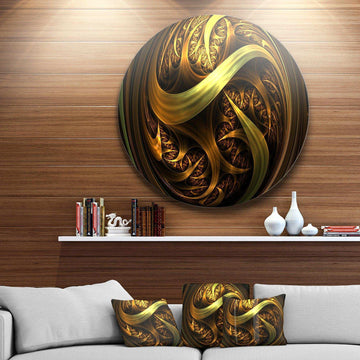 Golden Fractal Sphere in Dark - Abstract Round Metal Wall Art